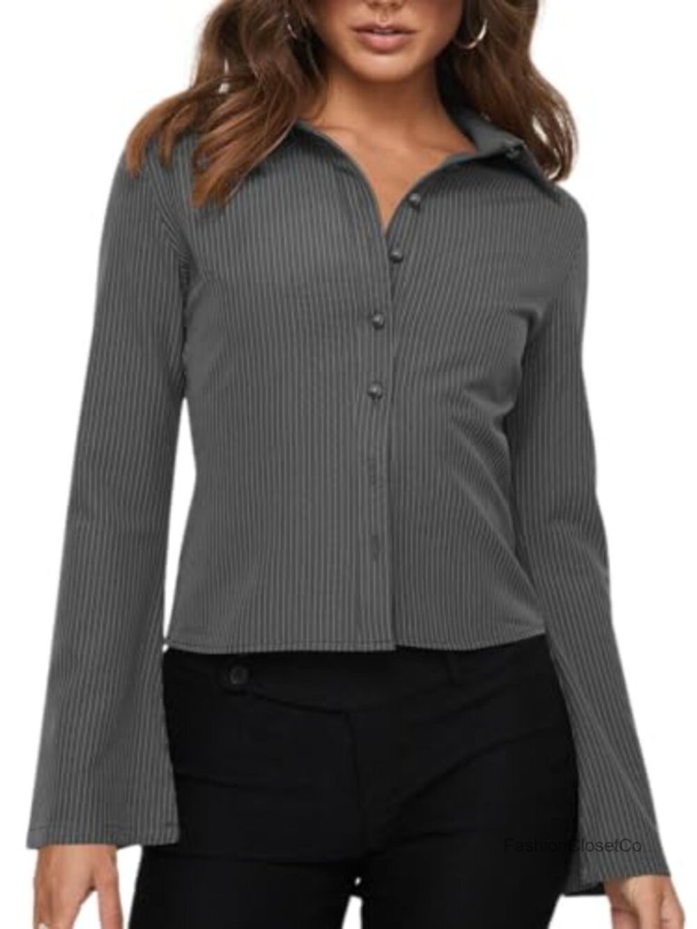 Women's Striped Long Sleeve Button Down Shirt V-Neck Bell Sleeve Blouse